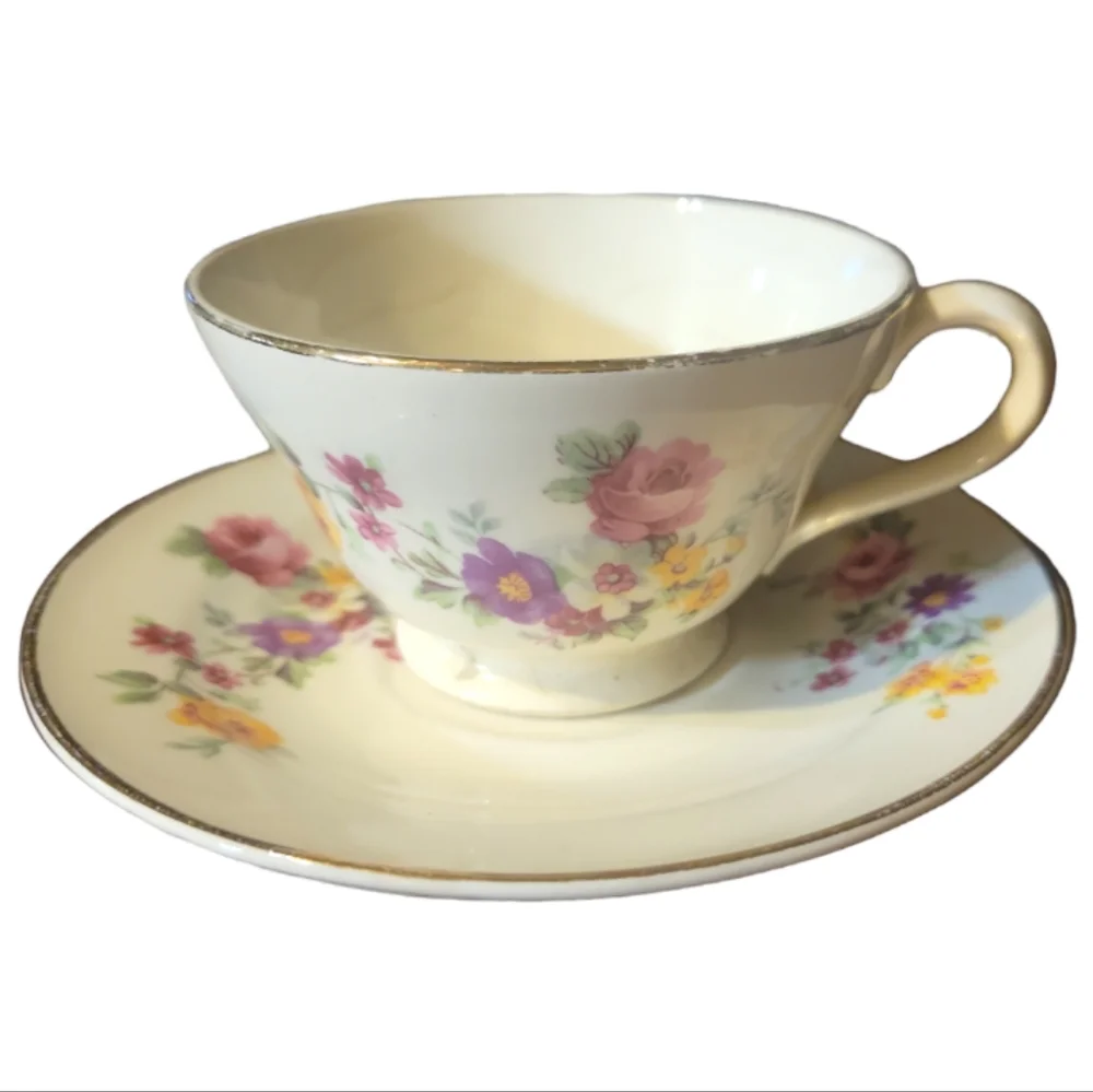 1 Vtg Edwin Knowles Tea Coffee Cup & Saucer Plate Hand Painted Gold Trim Flowers